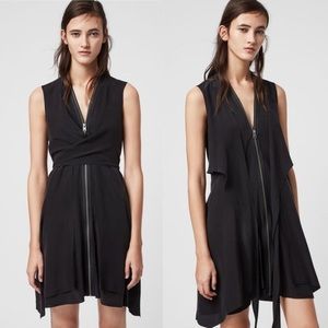 NWT Allsaints Jayda 100% Silk Black Raw Hem Zip Dress XS